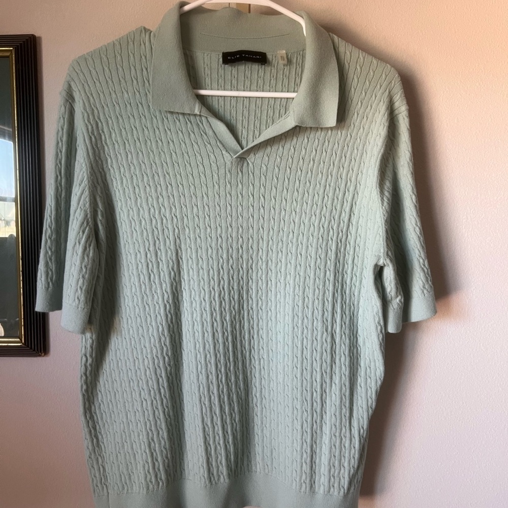 Elie Tahari Mint Green Cable-Knit V-Neck Polo Sweater